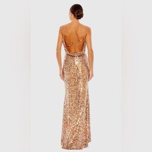 NWT MAC DUGGAL Sequined Spaghetti Strap Cowl Back Gown Sz 4 Copper